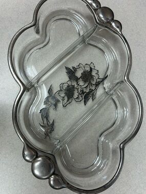 MCM Vintage Divided Glass Dish with Silver Overlay Floral Decoration